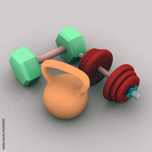Illustration: dumbell, kettlebell. 3d isolated dumbell, kettlebell. 3d isolated