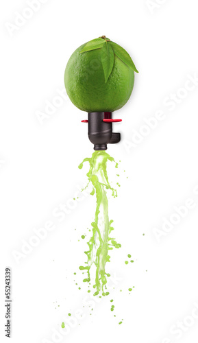 Photo: Lime transforming into cider on white background Lime transforming into cider on white background