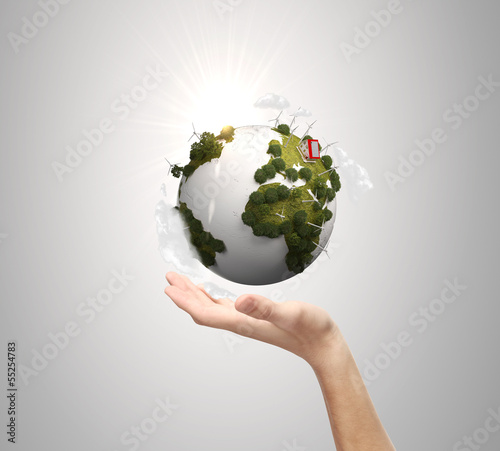 Illustration: hand holding earth hand holding earth