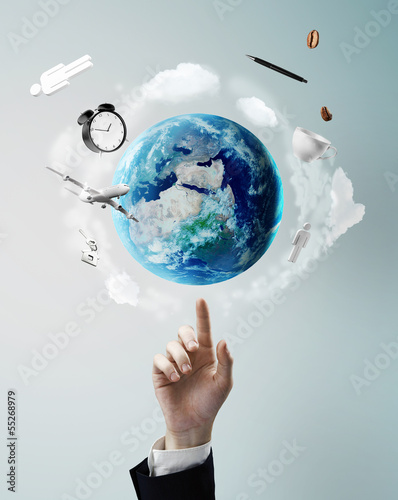 Illustration: hand pointing on earth hand pointing on earth