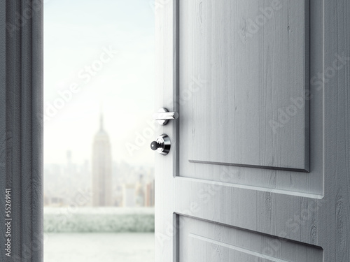 Illustration: opened door in city opened door in city