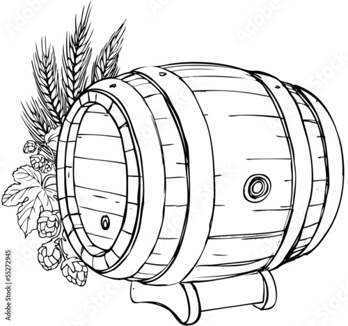 Vector: Holz-Bierfaß mit Hopfen und Gerste Holz-Bierfaß mit Hopfen und Gerste