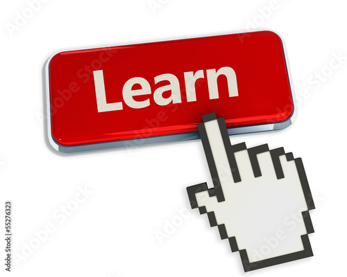 Illustration: learn button and cursor hand on white background learn button and cursor hand on white background