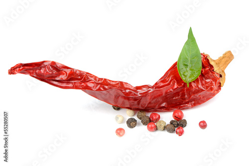 Photo: Dried Chili Pepper and Red, Black, and White Pepper Corns Dried Chili Pepper and Red, Black, and White Pepper Corns