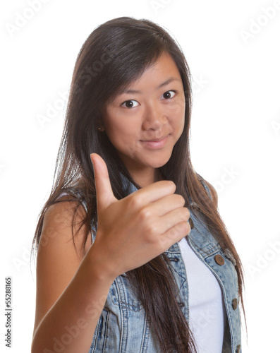 Photo: Young asian woman showing right thumb up Young asian woman showing right thumb up