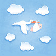 Storch mit Baby vor Himmel Hintergrund Storch mit Baby vor Himmel Hintergrund