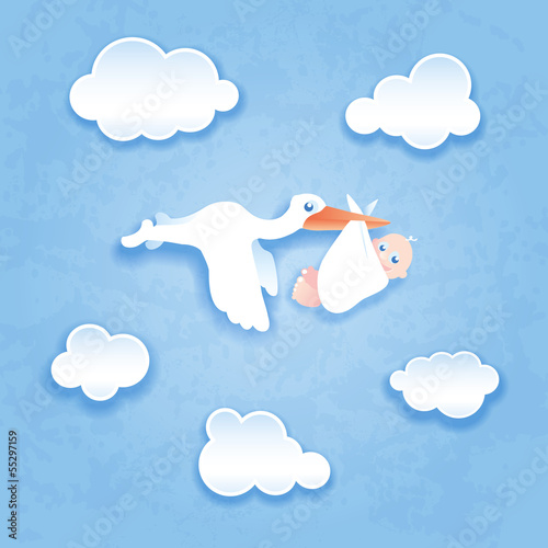 Vector: Storch mit Baby vor Himmel Hintergrund Storch mit Baby vor Himmel Hintergrund