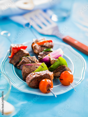 Photo: grilled beef shishkabobs on table grilled beef shishkabobs on table