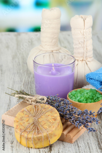 Photo: Still life with lavender candle, soap, massage balls, bottles, Still life with lavender candle, soap, massage balls, bottles,