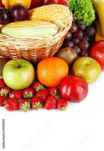 Photo: Different fruits and vegetables on white background Different fruits and vegetables on white background