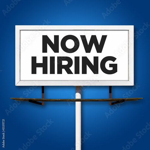 Illustration: Now Hiring Billboard Sign on Blue Background Now Hiring Billboard Sign on Blue Background