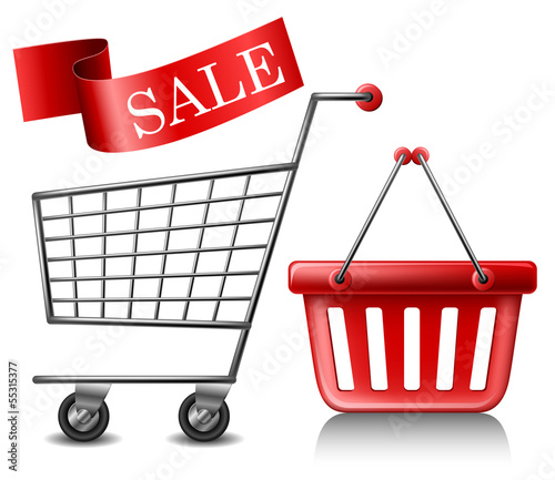 Vector: Shopping cart and basket Shopping cart and basket