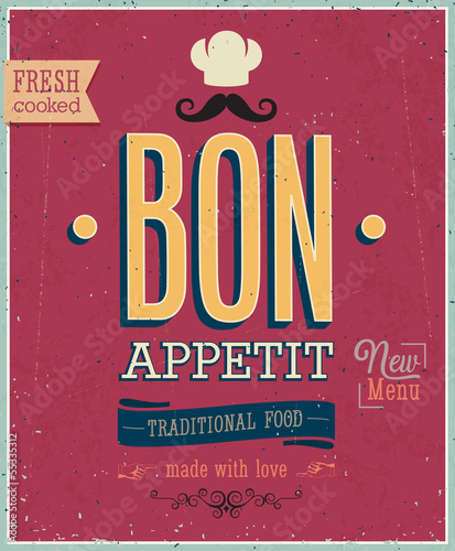  Vintage Bon Appetit Poster. Vector illustration.