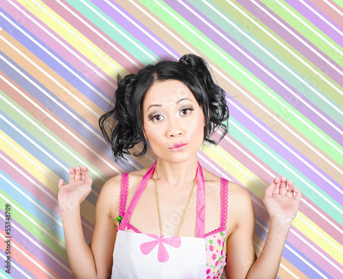 Photo: Surprised housewife on stripe copyspace Surprised housewife on stripe copyspace
