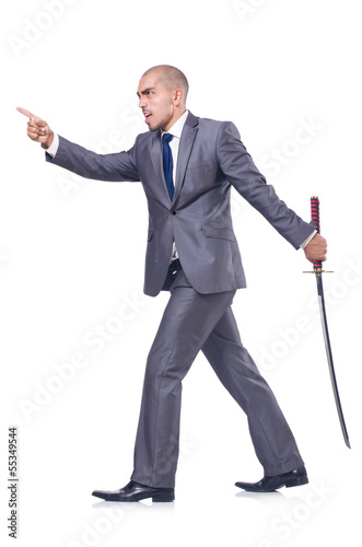 Photo: Businessman with sword isolated on white Businessman with sword isolated on white