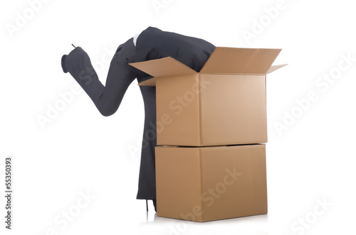 Photo: Woman businesswoman with boxes on white Woman businesswoman with boxes on white