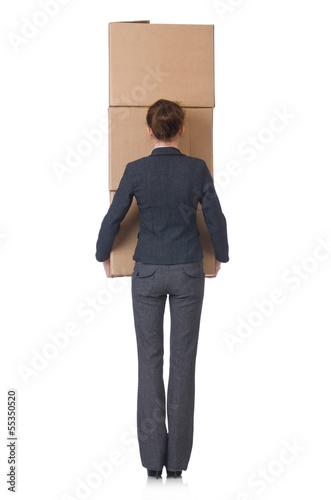 Photo: Woman businesswoman with boxes on white Woman businesswoman with boxes on white