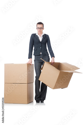 Photo: Woman businesswoman with boxes on white Woman businesswoman with boxes on white