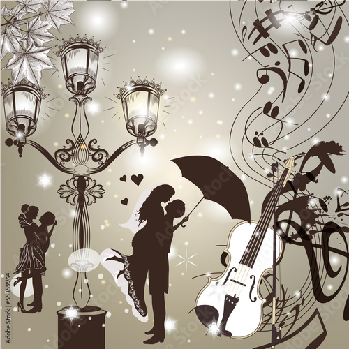 Vector: Wedding elegant background with cute couple street light and vi Wedding elegant background with cute couple street light and vi
