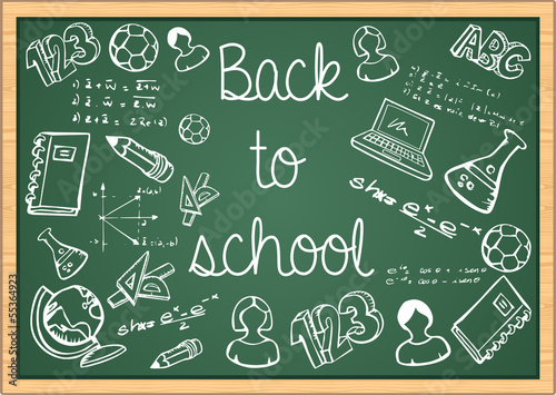 Vector: Education back to school icons over green chalkboard. Education back to school icons over green chalkboard.