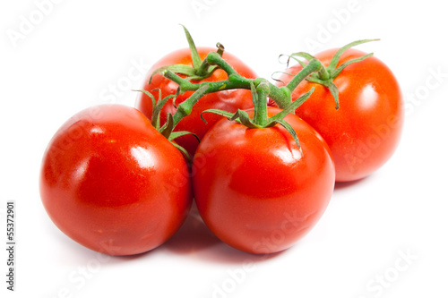 Photo: Closeup of tomatoes on the vine isolated on white. Tomato branch Closeup of tomatoes on the vine isolated on white. Tomato branch