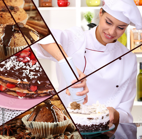 Photo: Collage of confectionery theme consisting of delicious pastries Collage of confectionery theme consisting of delicious pastries
