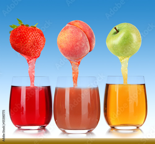 Photo: Fresh juice pours from fruits and strawberry into a glasses, Fresh juice pours from fruits and strawberry into a glasses,