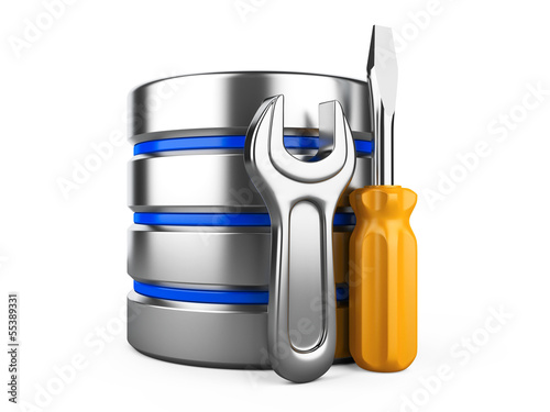 Illustration: database with gear and spanner on white background database with gear and spanner on white background