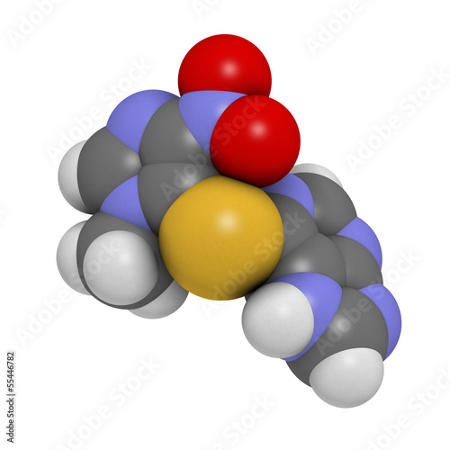 Illustration: Azathioprine immunosuppressive drug, chemical structure. Azathioprine immunosuppressive drug, chemical structure.