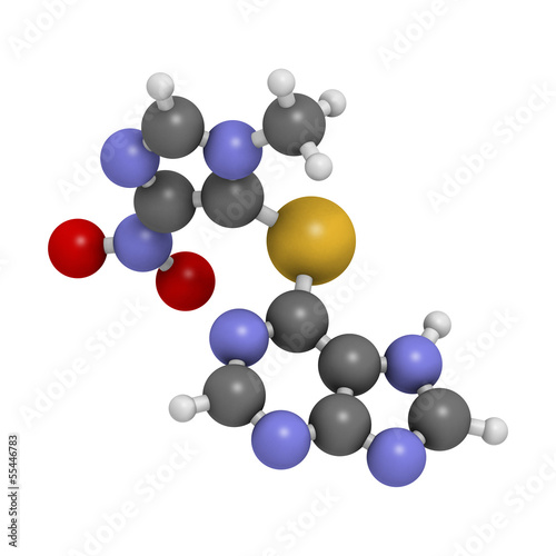 Illustration: Azathioprine immunosuppressive drug, chemical structure. Azathioprine immunosuppressive drug, chemical structure.