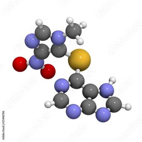 Illustration: Azathioprine immunosuppressive drug, chemical structure. Azathioprine immunosuppressive drug, chemical structure.