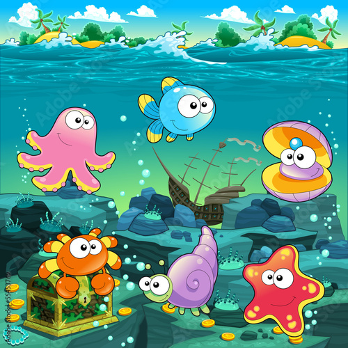 Vector: Seascape with treasure, galleon and fish.. Seascape with treasure, galleon and fish..