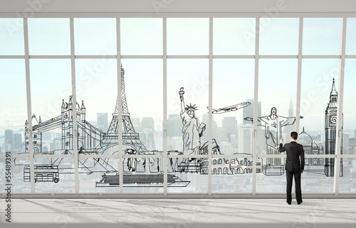 Photo: man drawing traveling concept man drawing traveling concept