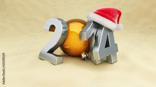 Illustration: new year 2014 on the beach, santa hat new year 2014 on the beach, santa hat