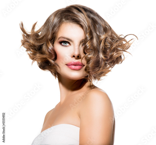 Photo: Beauty Young Woman Portrait over White. Short Curly Hair Beauty Young Woman Portrait over White. Short Curly Hair