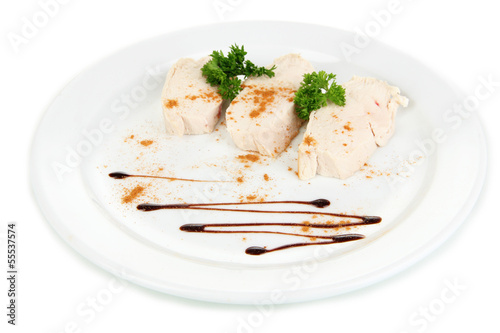 Photo: Boiled chicken meat with paprika and sauce, isolated on white Boiled chicken meat with paprika and sauce, isolated on white