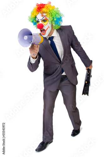 Photo: Businessman clown with loudspeaker on white Businessman clown with loudspeaker on white