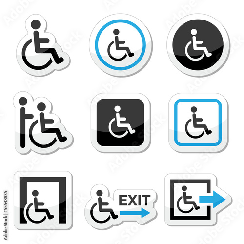 Vector: Man on wheelchair, disabled, emergency exit icons set Man on wheelchair, disabled, emergency exit icons set