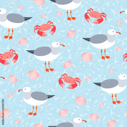 Vector: Sea gulls and crabs vector seamless pattern Sea gulls and crabs vector seamless pattern