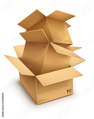 Vector: Empty open cardboard boxes isolated on transparent white Empty open cardboard boxes isolated on transparent white
