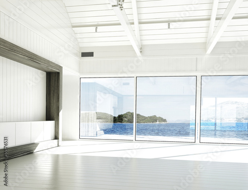 Illustration: Empty white room with large windows and scenic view Empty white room with large windows and scenic view