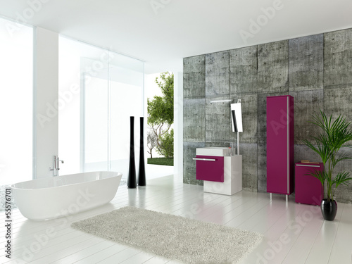 Illustration: Modern bathroom interior with concrete wall and pink furniture Modern bathroom interior with concrete wall and pink furniture