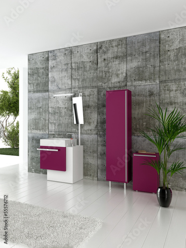 Illustration: Modern bathroom interior with concrete wall and pink furniture Modern bathroom interior with concrete wall and pink furniture