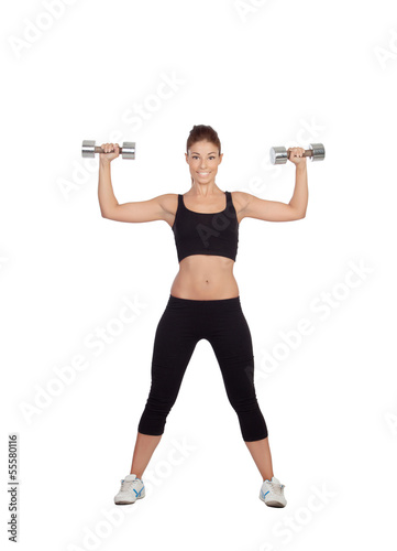 Photo: Happy fitness woman lifting dumbbells Happy fitness woman lifting dumbbells