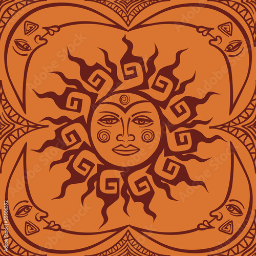 Vector: Seamless pattren of tribal sun and crescent moon Seamless pattren of tribal sun and crescent moon