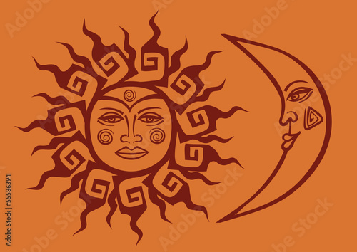 Vector: Icon of tribal sun and crescent moon Icon of tribal sun and crescent moon