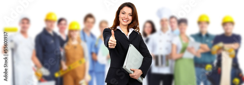 Photo: Business woman and group of workers people. Business woman and group of workers people.