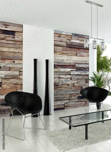 Illustration: Modern sunny white living room interior with wooden wall Modern sunny white living room interior with wooden wall