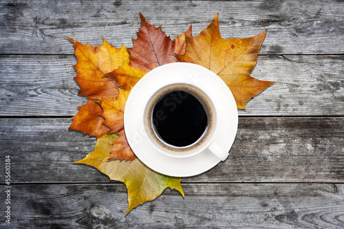 Photo: coffee and maple leaves on wooden table coffee and maple leaves on wooden table