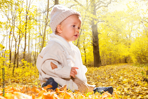 Photo: baby sitzt im laubwald baby sitzt im laubwald